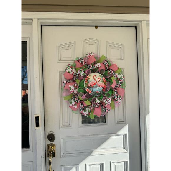 Pink Flamingo Mesh Ribbon Tropical Spring & Summer Wreath Front Door Hanger - Picture 7 of 7